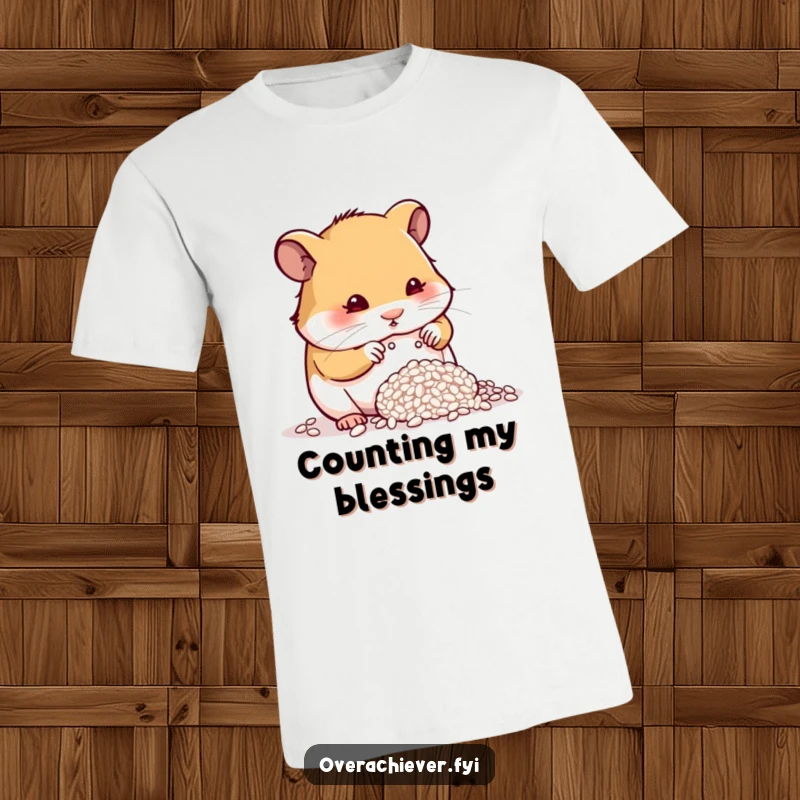 Funny determined hamster carefully counting a single grain of rice on a t-shirt, celebrating meticulousness.