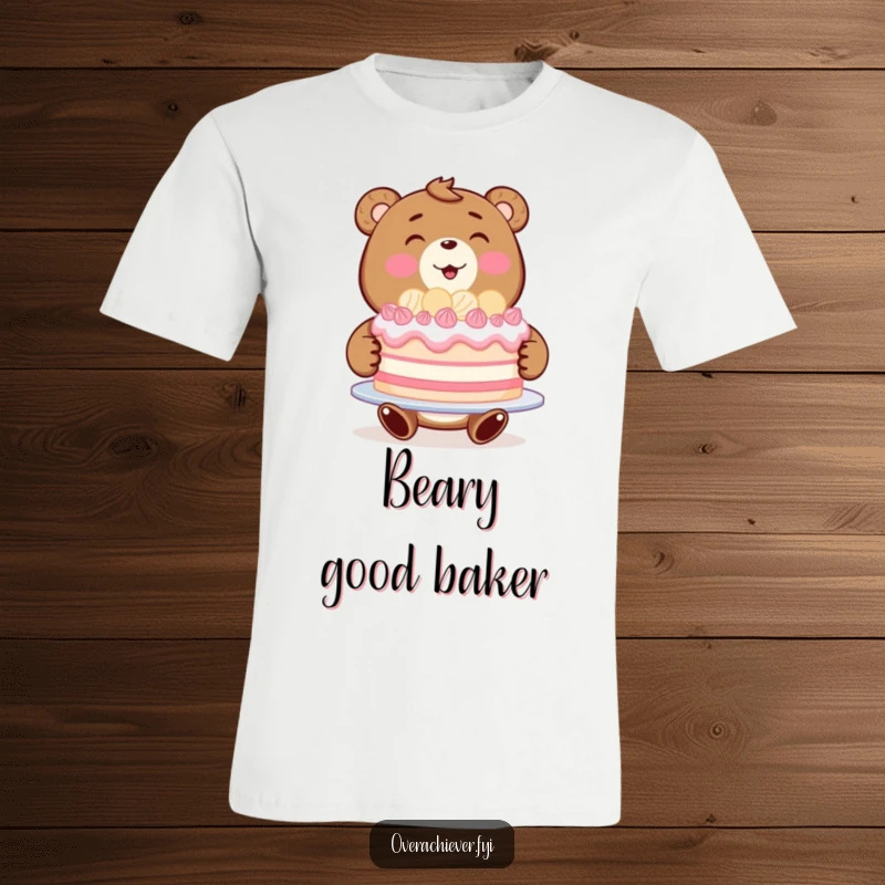Funny bear baker t-shirt featuring a proud bear beaming while holding a large, impossibly perfect cake.