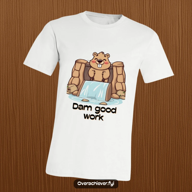 Funny t-shirt featuring a cute beaver character smiling proudly while constructing an incredibly large dam.