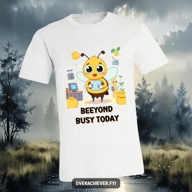 Funny bee t-shirt featuring a busy character managing a hive with many tasks and managers, energetic design.