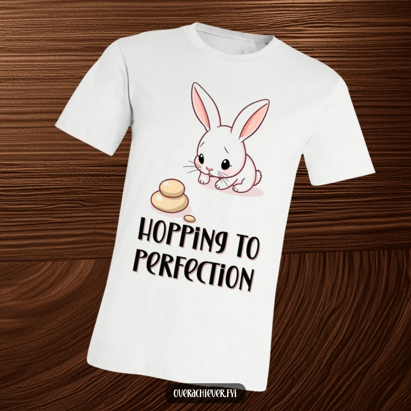 Funny Bunny T-Shirt: A focused bunny carefully arranging pebbles in a perfect line, highlighting its neat and comical personality.