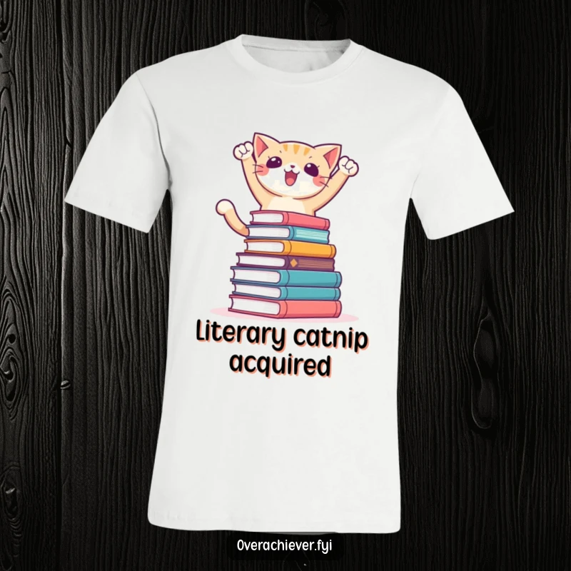 Funny t-shirt showcasing a triumphant cat character striking a pose atop a massive pile of books, symbolizing study success.