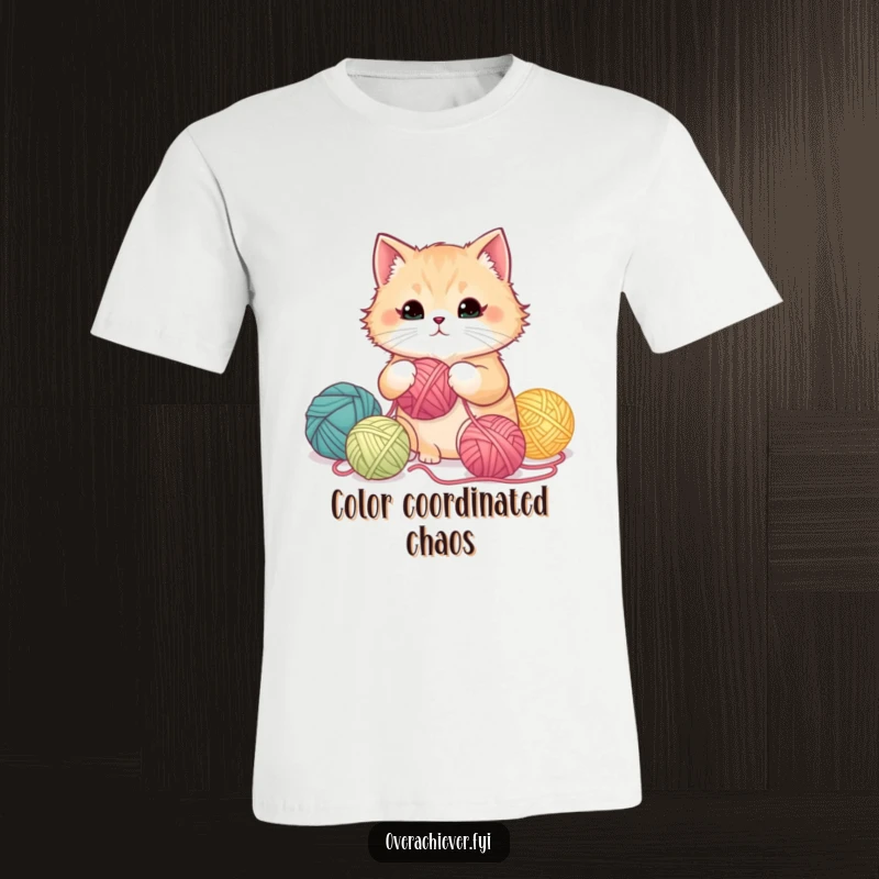Funny fluffy cat meticulously organizing yarn balls by color gradient on a t-shirt, celebrating feline tidiness.