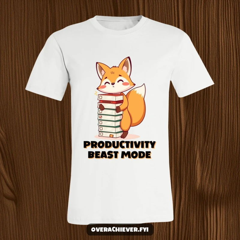 Funny t-shirt featuring an energetic fox balancing a stack of completed task lists, embodying humorous productivity and success, a funny gift.