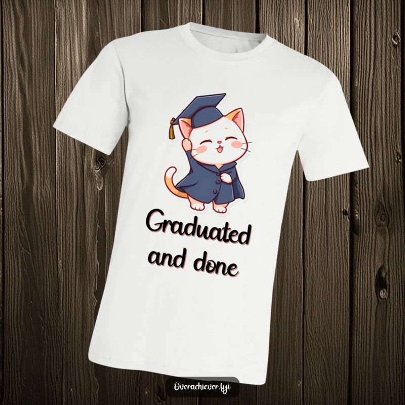 Funny graduation cat t-shirt featuring a happy cat in academic attire tossing its cap high in celebration.