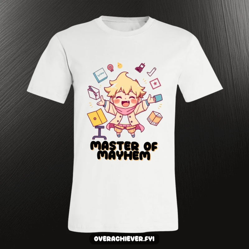 Funny t-shirt of a character joyfully juggling an extreme multitude of tasks with impressive dexterity and a cheerful expression.