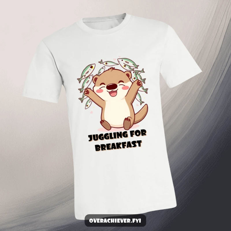 Funny T-Shirt: A grinning otter character comically juggling a large quantity of fish with impressive dexterity.
