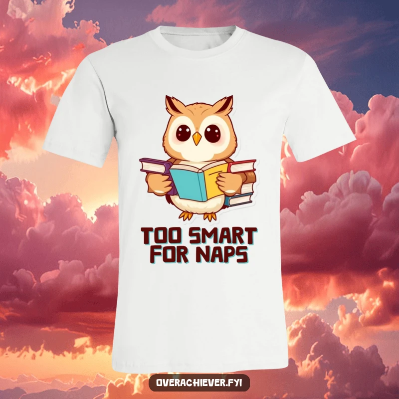 Funny owl t-shirt featuring a cheerful character engrossed in several advanced textbooks simultaneously, brilliant design.