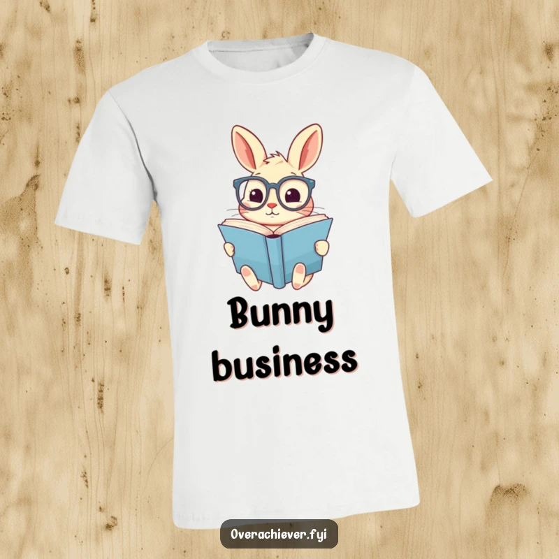 Funny t-shirt featuring a cute rabbit in oversized spectacles, diligently reading a giant book, a humorous tribute to book lovers.