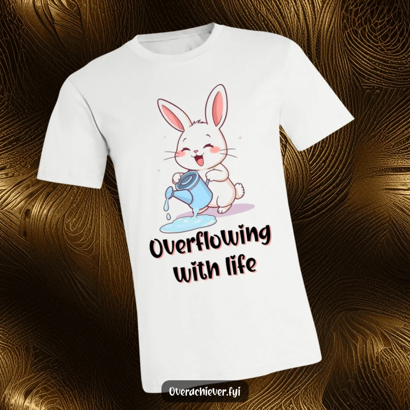 Funny energetic rabbit t-shirt, exuberantly watering a tiny, overflowing watering can with delight.