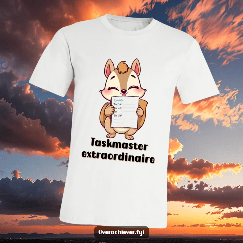 Funny squirrel task master t-shirt featuring a winking squirrel holding a towering stack of finished to-do lists.