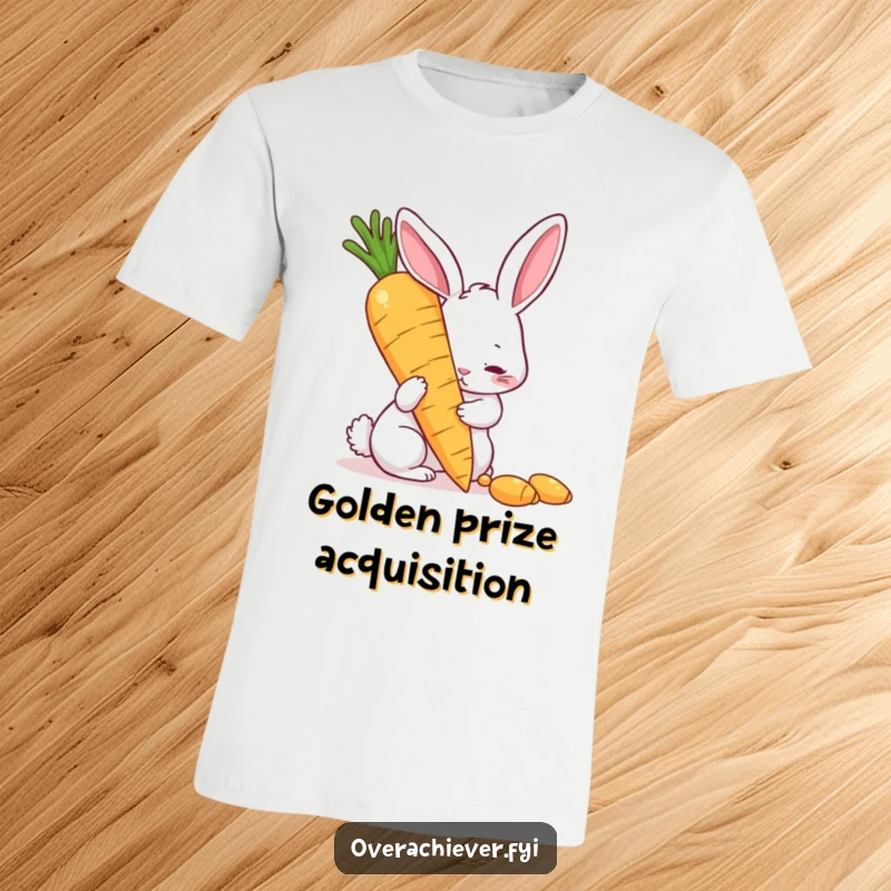Funny t-shirt featuring a determined rabbit meticulously polishing a giant golden carrot, embodying humorous persistence and ambition, ideal for a funny gift.