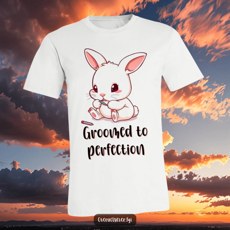 Funny tiny rabbit carefully filing its toenails with a miniature file on a t-shirt, representing meticulous grooming.
