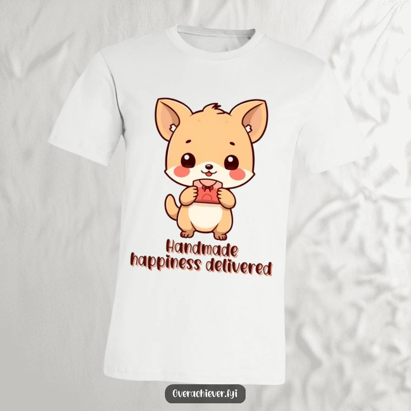 Funny tiny animal character t-shirt, happily presenting a perfectly crafted small object, showcasing artistic skill and joyful pride. A great gift.