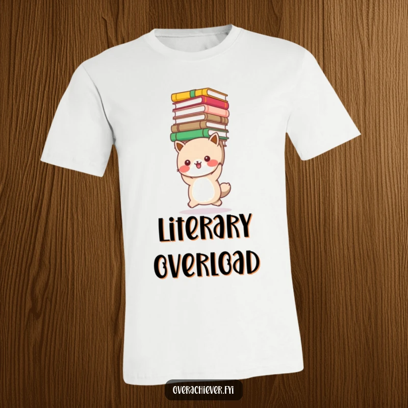 Funny book lover animal t-shirt showing a cute creature carrying an enormous stack of books, perfect for bookworms. Amusing literary apparel.