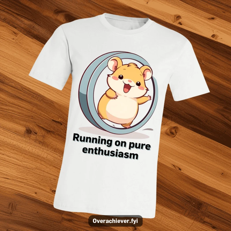 Funny T-Shirt: A cheerful, proud hamster character running with incredible speed on a noticeably oversized wheel.