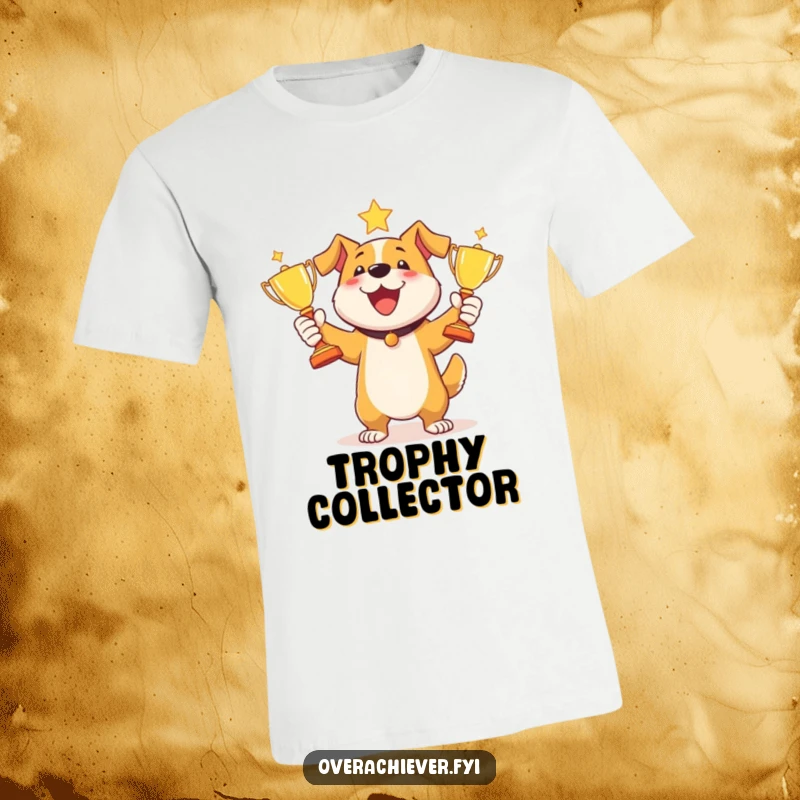Funny dog juggling t-shirt showing a joyful dog expertly balancing and tossing three gleaming trophies.