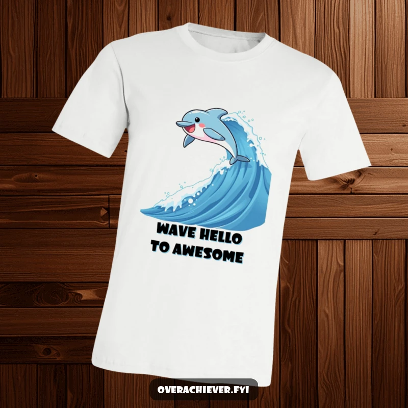 Funny t-shirt design of an ambitious dolphin character executing a joyful, high leap over an exceptionally tall and sparkling ocean wave.