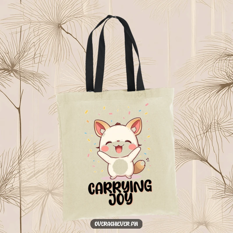 Funny tote bag with a small animal character cheering with confetti raining down, a vibrant and humorous accessory.