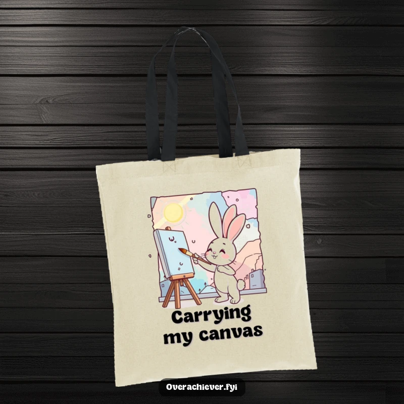 Funny bunny artist tote bag featuring a cute bunny painting a large mural with a small, determined brush.