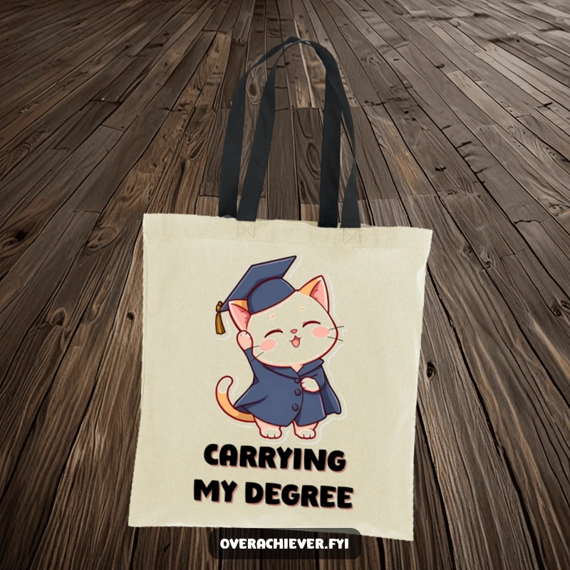 Funny graduation cat tote bag featuring a cheerful cat in a graduation cap, ready to toss it in celebration.