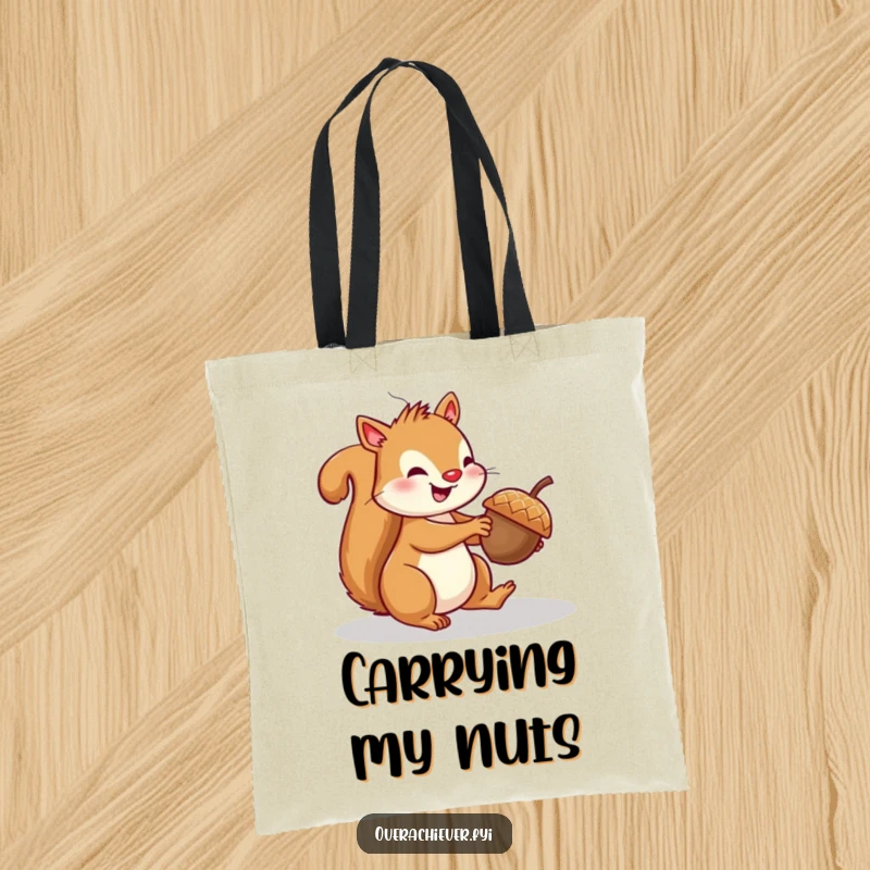 Funny squirrel tote bag illustrating a cheerful squirrel attempting to parallel park a tiny acorn with a determined expression.