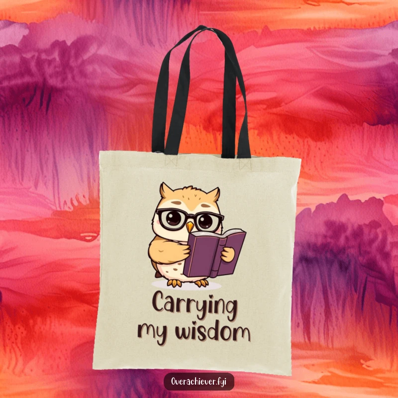 Funny tote bag design: A cute owl wearing spectacles reads a thick book, embodying a humorous and studious character.