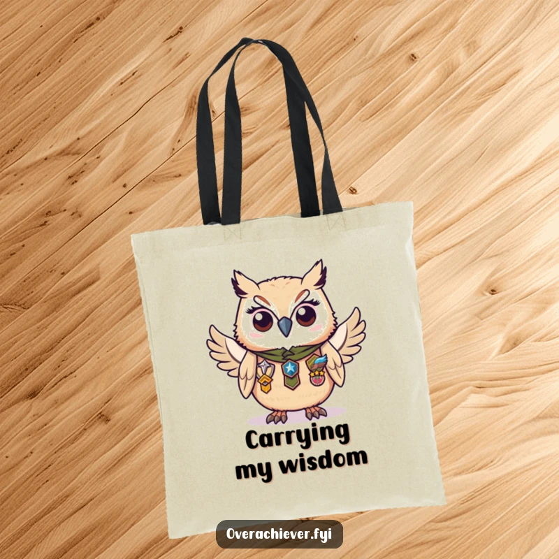 Funny tote bag with a diligent owl character proudly wearing numerous badges of honor, carrying wisdom and pride.