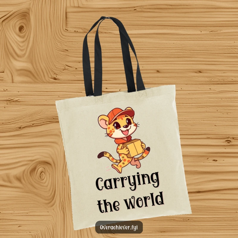 Funny Tote Bag: A speedy cheetah character delivering packages, ready to carry your belongings with humor.
