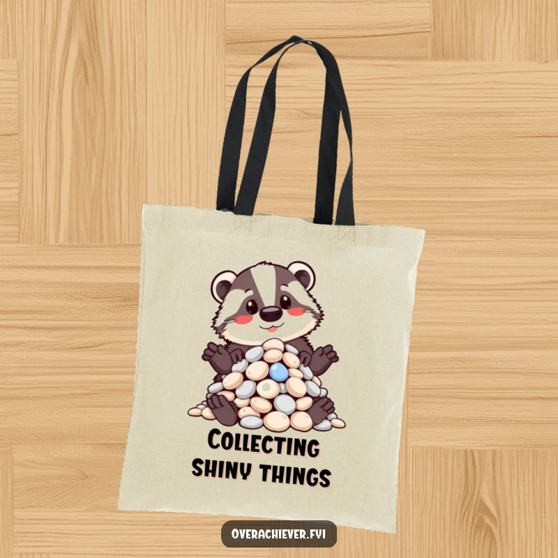 Funny tote bag featuring a proud badger with a meticulously organized pile of shiny pebbles, a humorous accessory for carrying items, a perfect funny gift.