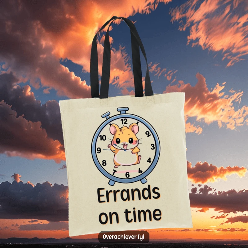 Funny tote bag with a determined hamster character running on a wheel that also functions as a clock, carrying purpose.