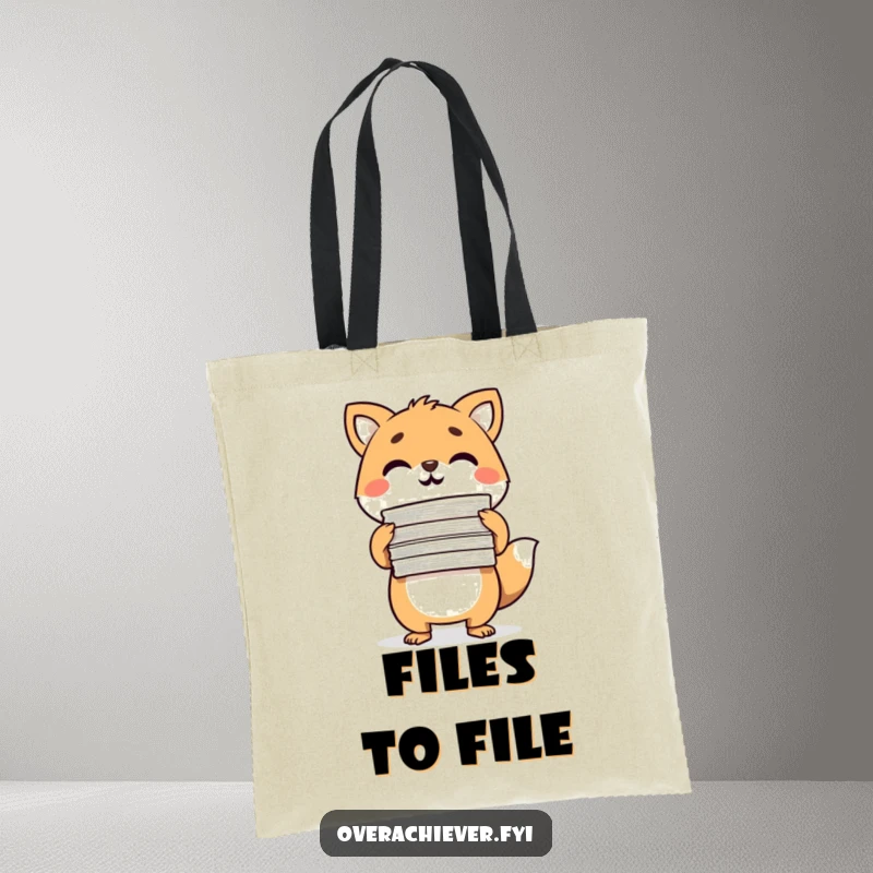 Funny Tote Bag with a determined animal character triumphantly holding completed papers, perfect for organized errands.