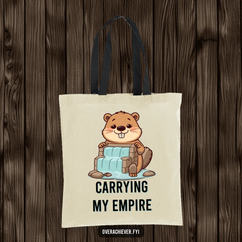 Funny diligent beaver tote bag, proudly displaying a colossal, perfectly built miniature dam.