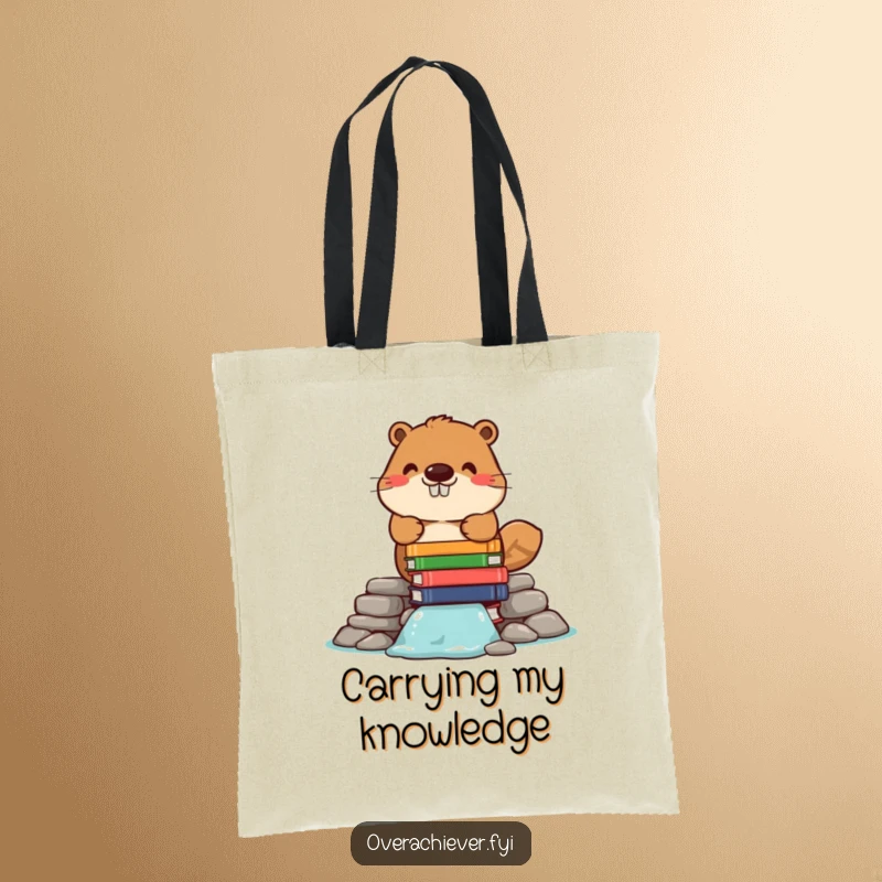 Funny tote bag showcasing a cheerful beaver character building a dam out of stacked books, ideal for carrying literature and laughs.