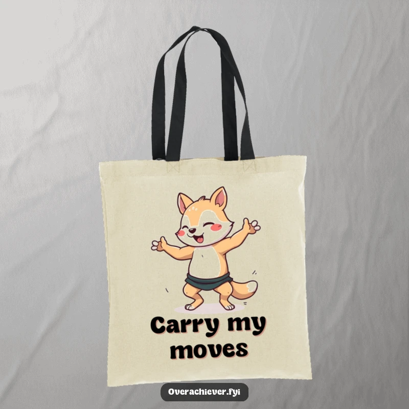 Funny dance practice animal tote bag with a character intensely practicing a dance routine, celebrating the dedication of performers. Practical and humorous accessory.