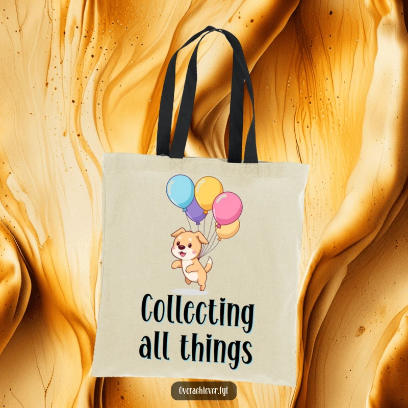 Funny cute dog character hilariously trying to round up escaped balloons on a stylish tote bag, a playful and practical item.