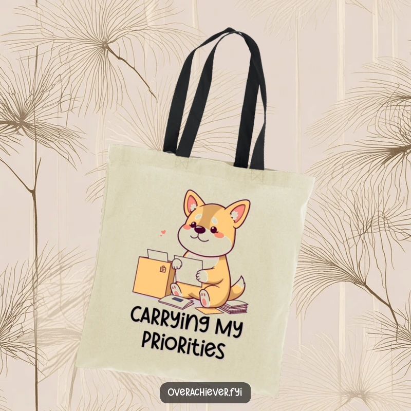 Funny Dog Tote Bag: A bouncy dog meticulously sorting mail by sender, perfect for errands with a humorous touch.