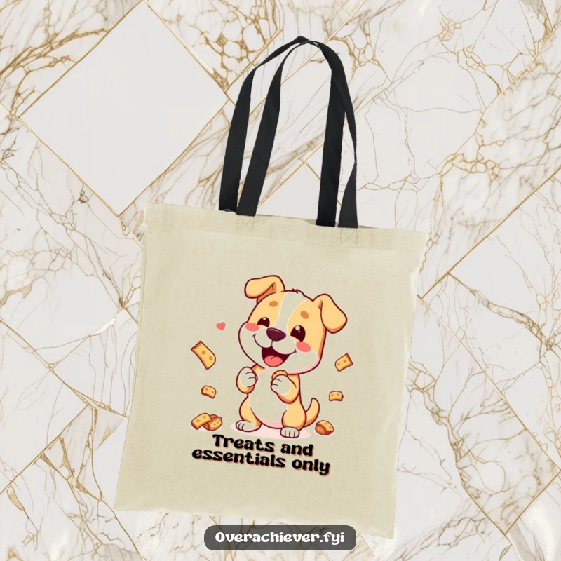 Funny Tote Bag: A happy dog character skillfully performing an elaborate trick, balancing multiple treats, with a proud expression.