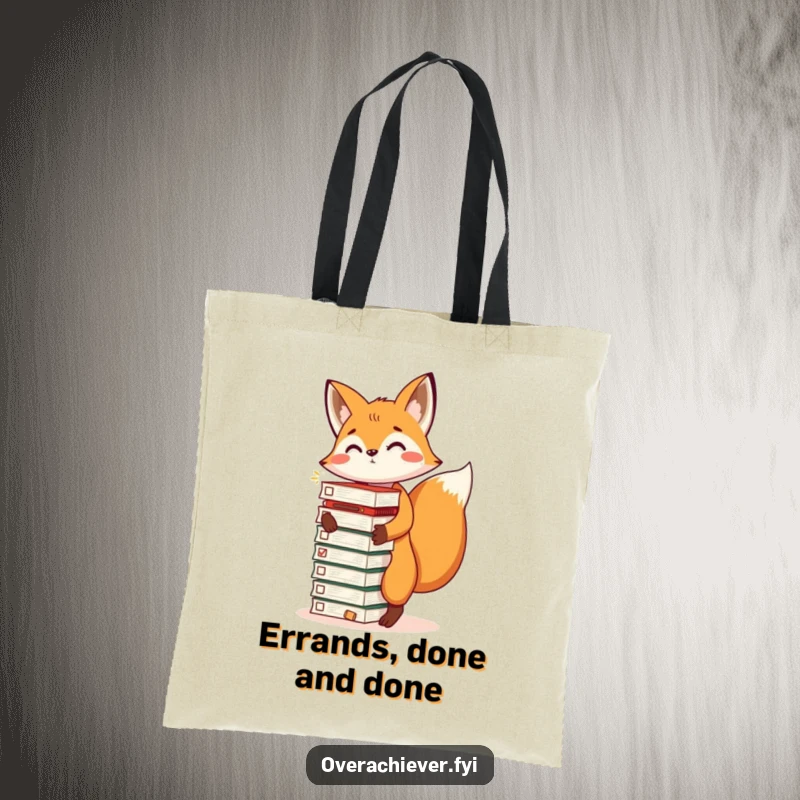 Funny tote bag featuring an energetic fox balancing a stack of completed task lists, a humorous accessory for shoppers, a perfect funny gift.