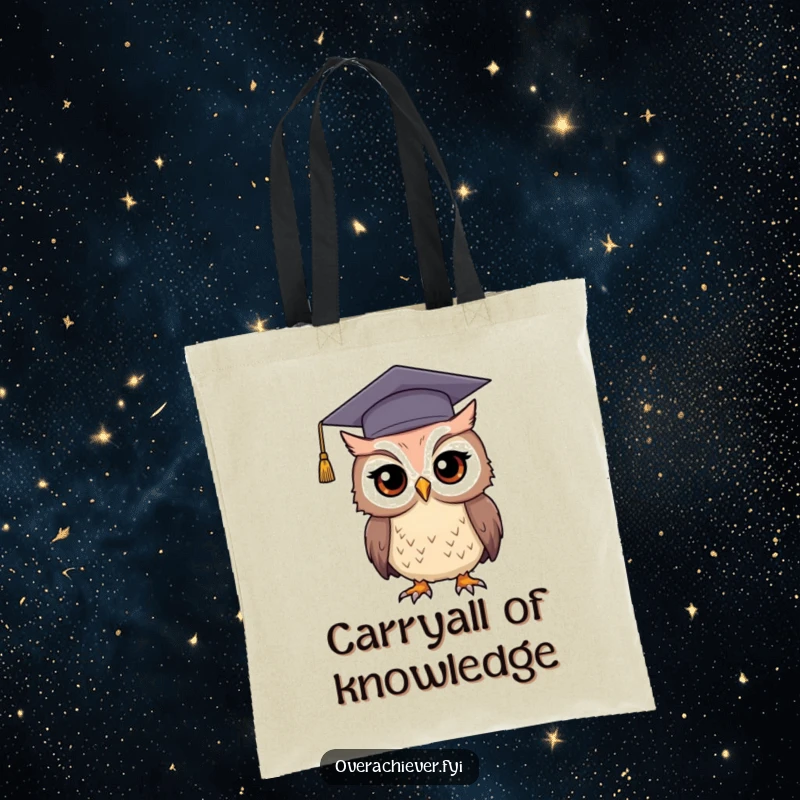 Funny graduation owl tote bag depicting a determined owl in an oversized cap, ideal for carrying books and smiles.