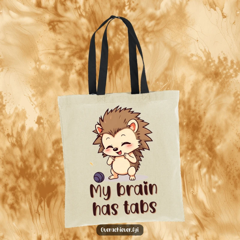 Funny Tote Bag: A small, focused hedgehog character learning multiple skills, ready to carry your essentials with humor.