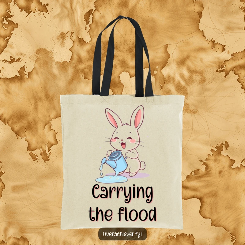 Funny energetic rabbit tote bag, exuberantly watering a tiny, overflowing watering can with delight.