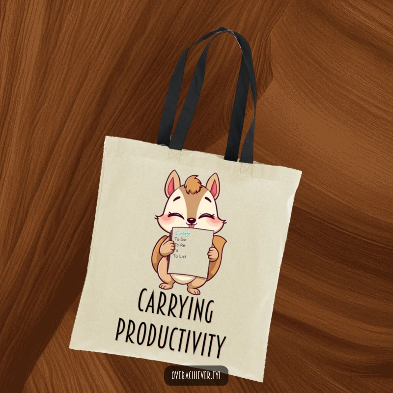Funny squirrel task master tote bag featuring a winking squirrel holding a massive stack of completed to-do lists.