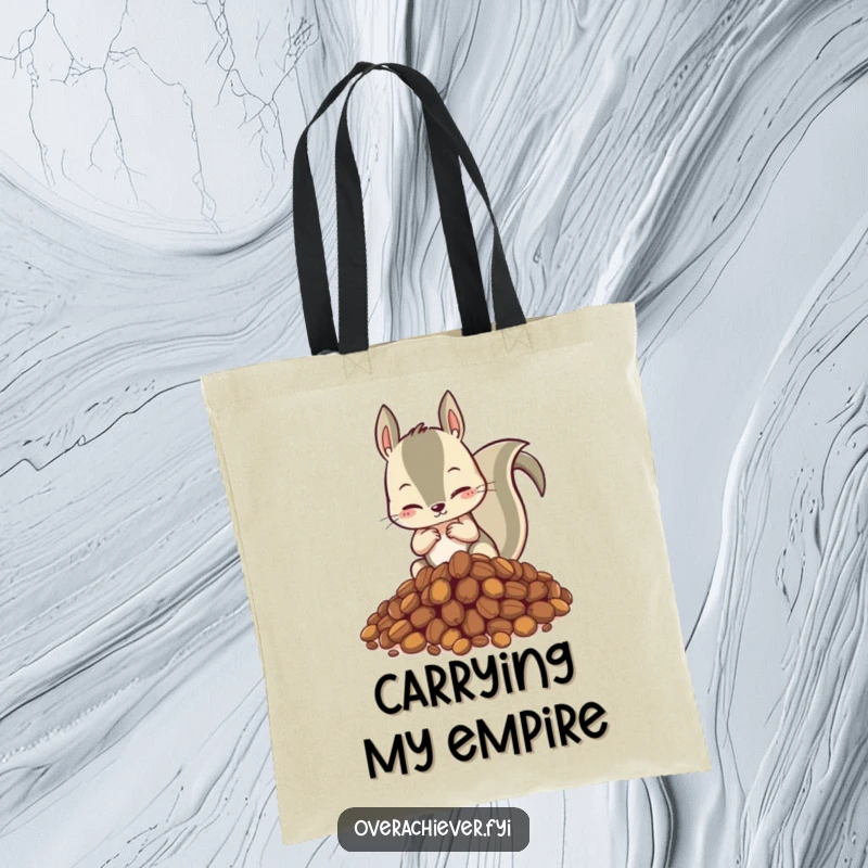 Funny tote bag featuring a hyperactive squirrel meticulously organizing a mountain of nuts, emphasizing preparedness and comedic intensity.