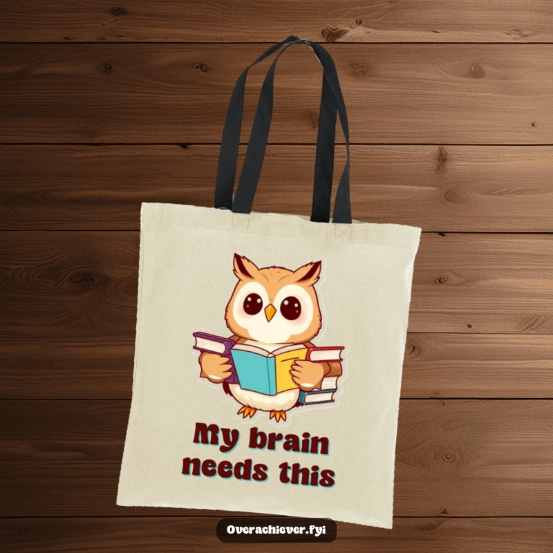 Funny owl tote bag showing a cheerful character studying multiple advanced textbooks, spacious and intelligent accessory.