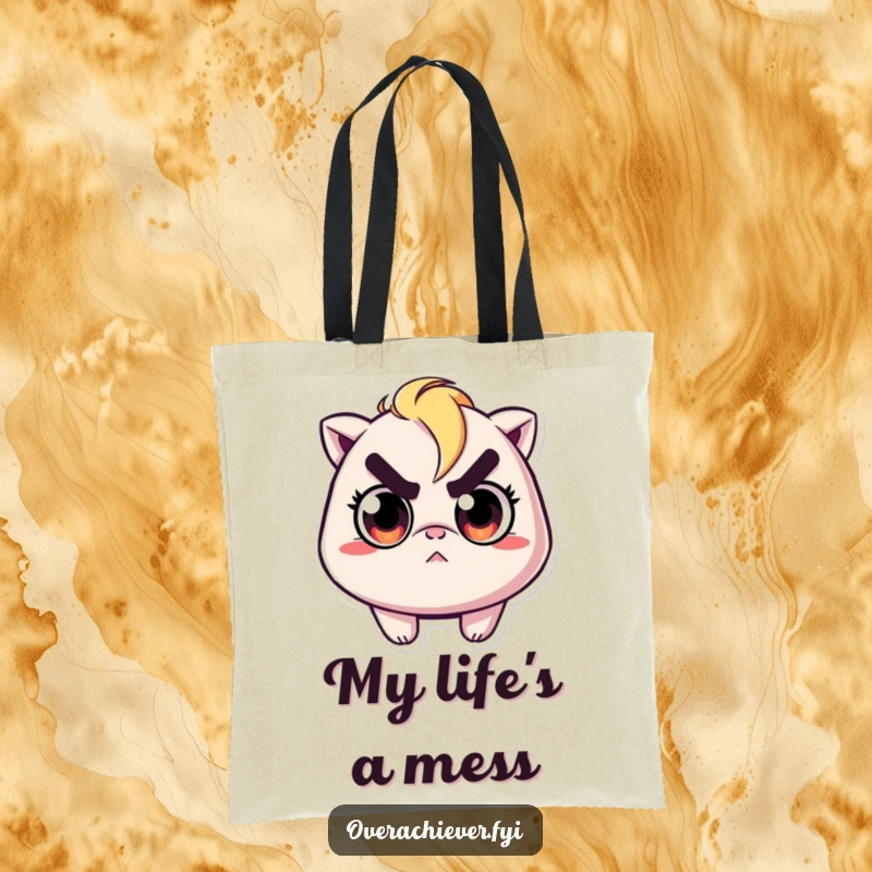 Funny tote bag featuring a character with determined eyes, focused on ironing a minuscule wrinkle with ultimate precision.