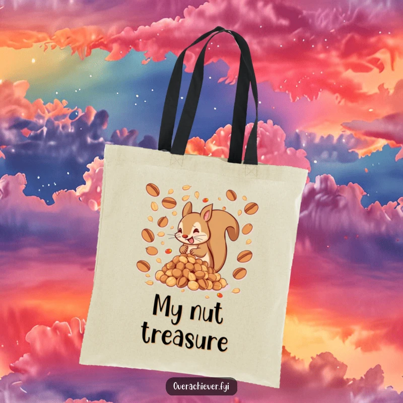 Funny tote bag featuring a hyperactive squirrel with an impossibly large pile of nuts, a humorous accessory for shoppers, a perfect funny gift.