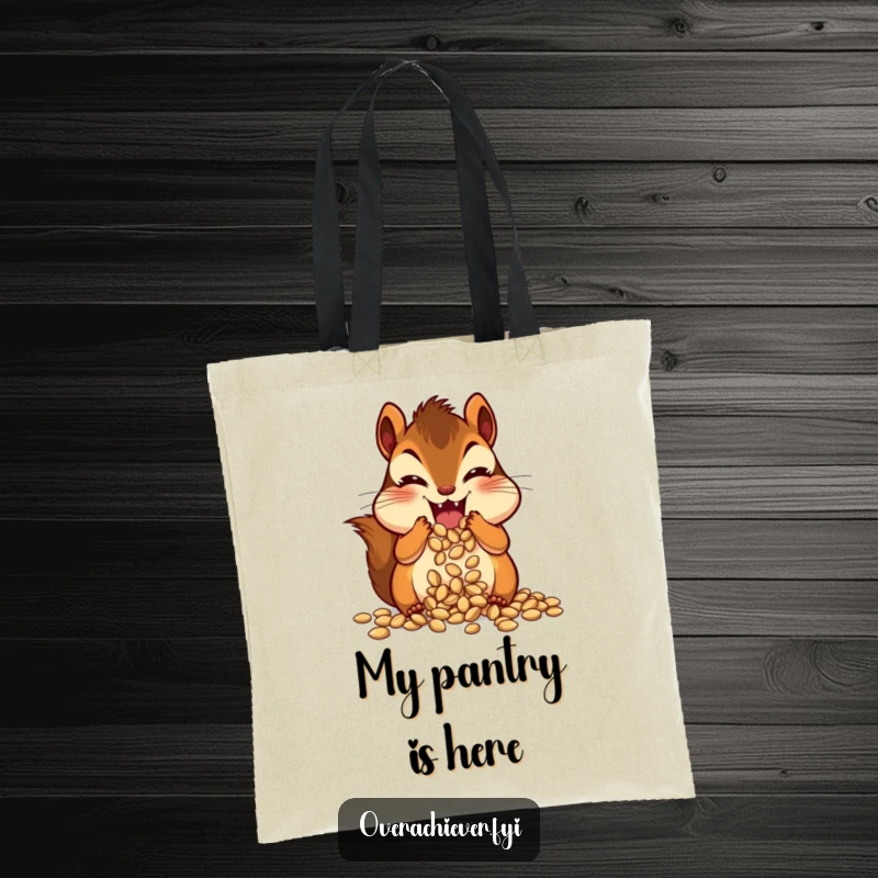 Funny chipmunk character with comically swollen cheeks, happily stuffing seeds, a humorous and spacious tote bag.
